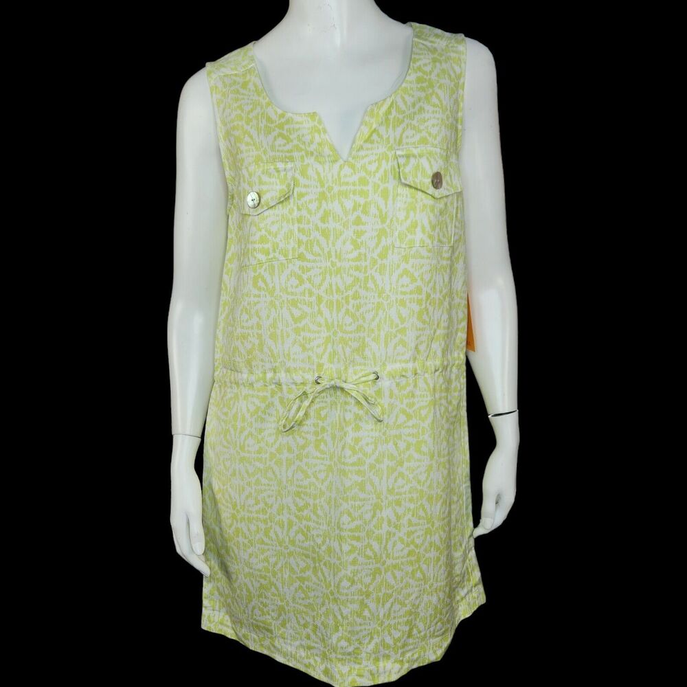 Ruby Rd. White Lime Green Sunburst Sleeveless Mini Dress Waist Tie Womens 6 NWT